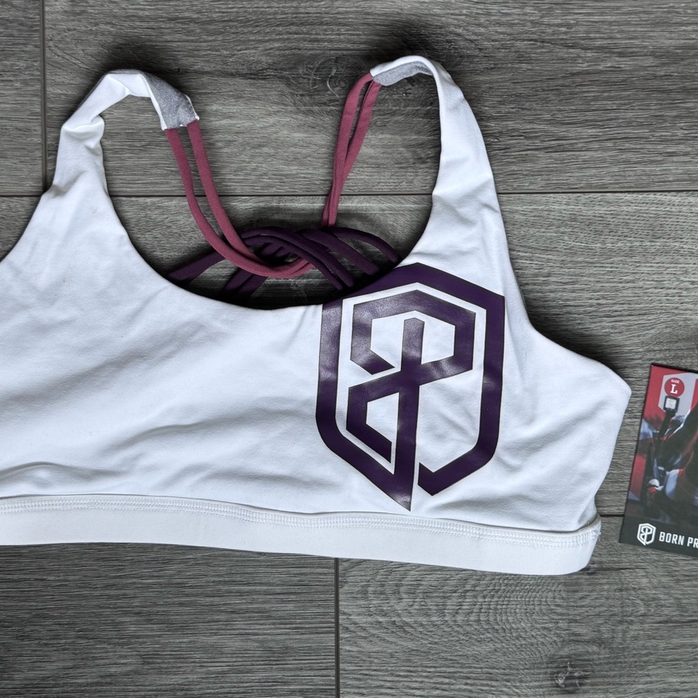 Born Primitive White and Purple Logo Sports Bra NWT